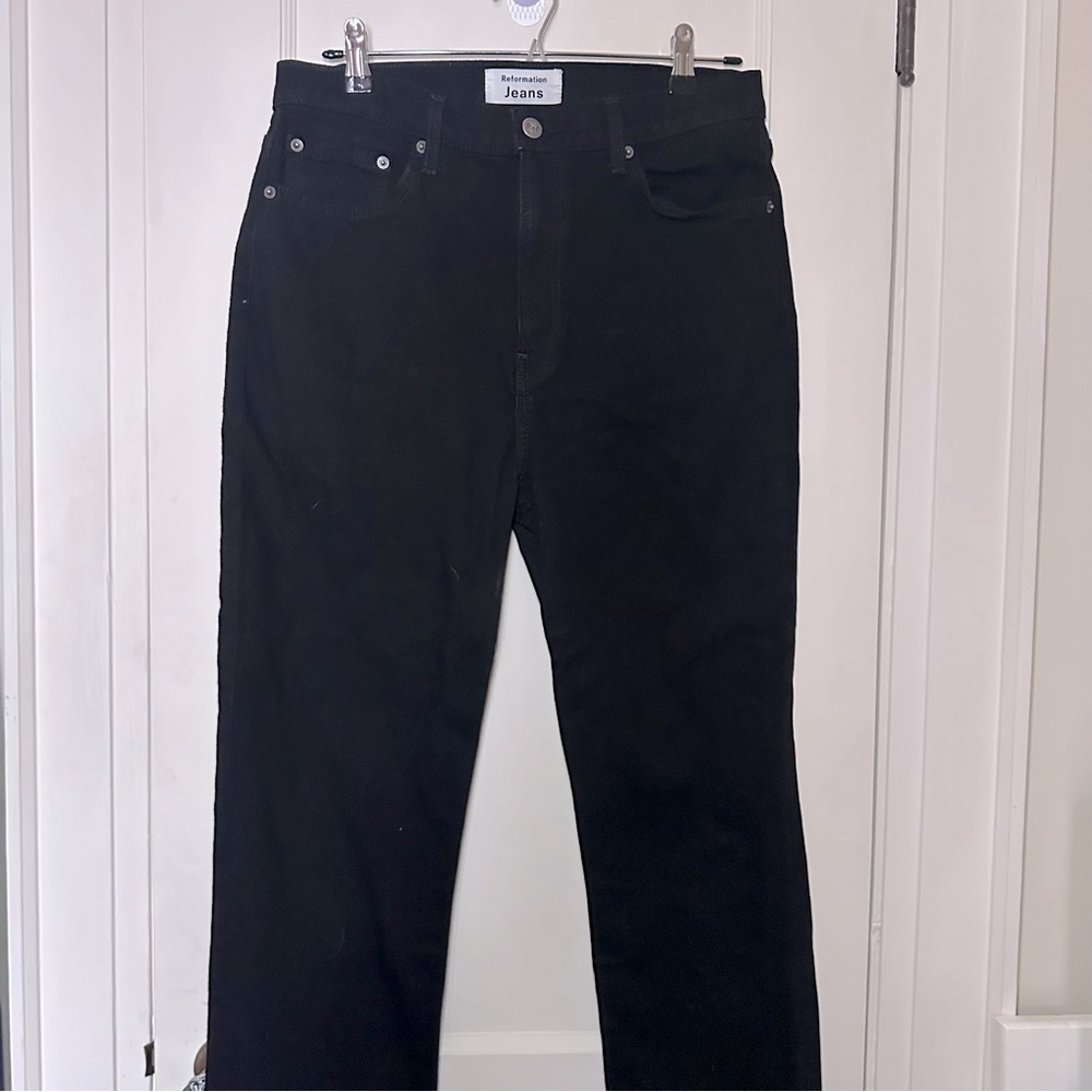Reformation Liza High Straight Jeans, Black, Zip Fly & Button Closure, 5 pocket